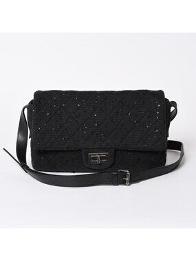 Chanel 2.55 Shoulder Bag CC Logo Sequins Canvas Leather Black